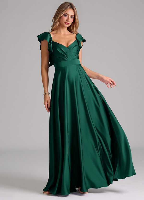 Azazie Leilani Bridesmaid Dresses Emerald A-Line Ruched Stretch Satin Dress image1