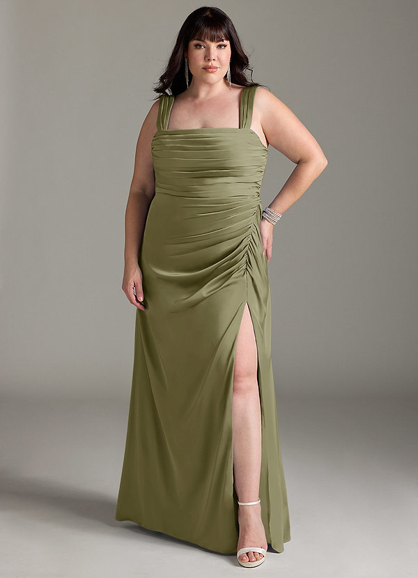 Azazie Jesaphine Vestidos Dama de Honor Vestido de Pistacho de Satén Elástico de Corte Recto con Lazo image1