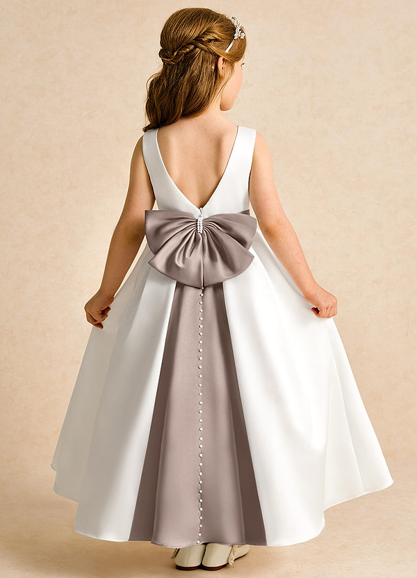 Azazie Cherry Flower Girl Dresses Ivory Taupe Ball-Gown Pleated Matte Satin Dress image1