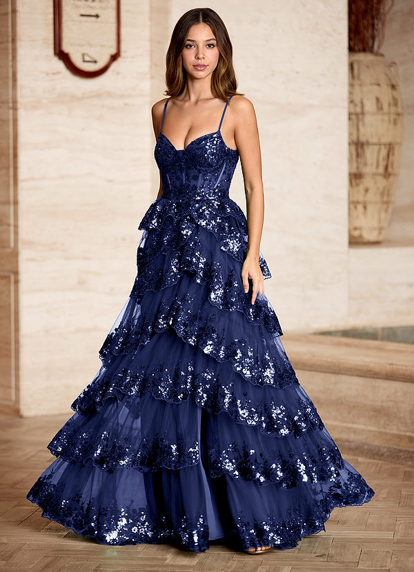 Tindra Dark Navy Sequins Ruffles Prom Dress image1