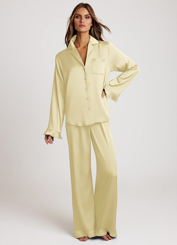 front Lemon Sorbet Ruffled Satin Long Sleeve Pajama Set