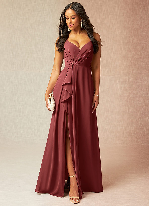 Azazie Kyedae Robes de demoiselle d'honneur Robe Trapèze en Mousseline de soie Col V plissé Terracotta image1