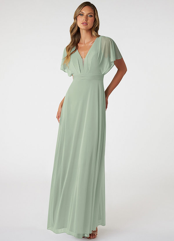 Azazie Tiara Brautjungfernkleider A-Linie Plissee Gittergewebe Kleid Staubiger Salbeigrün image1