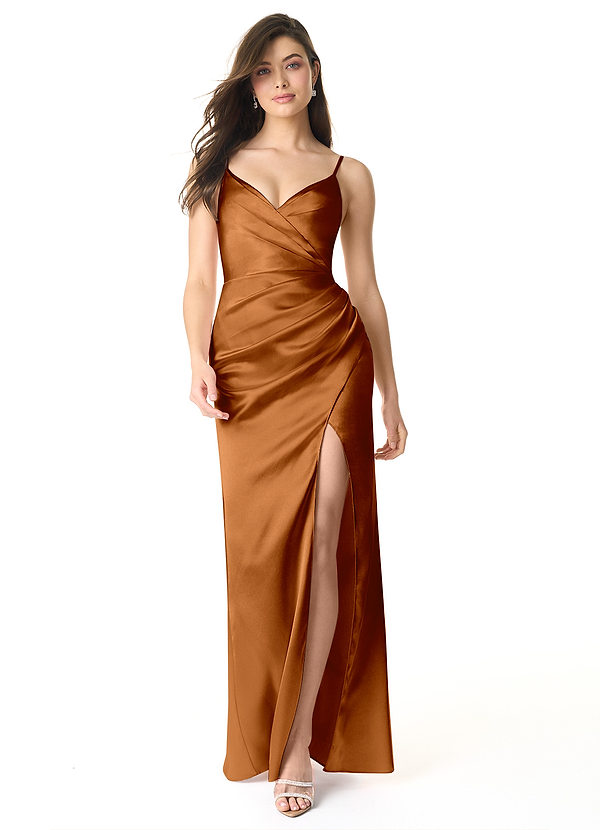 Azazie Sukia Bridesmaid Dresses Copper Mermaid Pleated Metallic Satin Dress image1