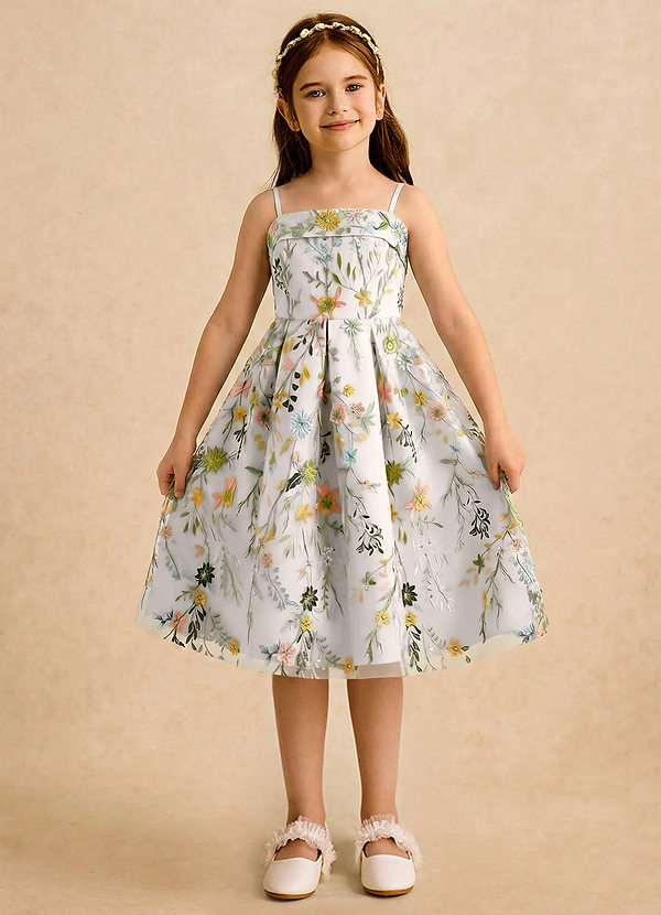 Azazie Meadow Girls Formal Sukienki dla dziewczynek sypiących kwiaty Linia A Pofałdowany Sznurówka Długość do kolan Sukienka image1