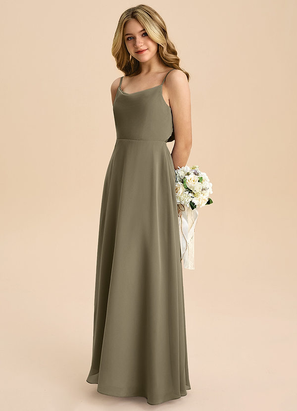 Azazie Shale Junior Willow Green A-Line Bow Chiffon Dress image1