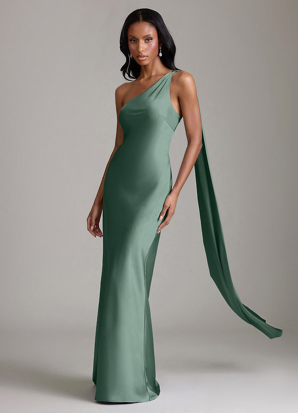 Azazie Galinda Brudtärneklänningar Klä av Sjöjungfru i Stretch Satin Ena axeln Eukalyptus image1