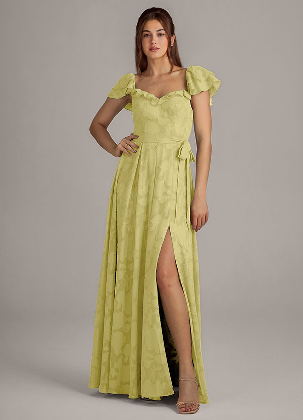 Azazie Aricella Bridesmaid Dresses Lemon Sorbet A-Line Corset Floral Burnout Dress image1