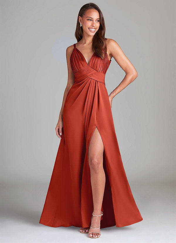 Azazie Maren Allure Bridesmaid Dresses Rust A-Line Lace Stretch Satin Dress image1