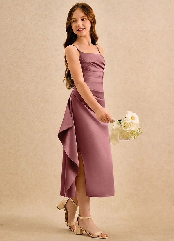 Azazie Canna Girls Formal Blomsterpigekjoler A-Line Plisseret Stræk satin Te-længde Kjole image1