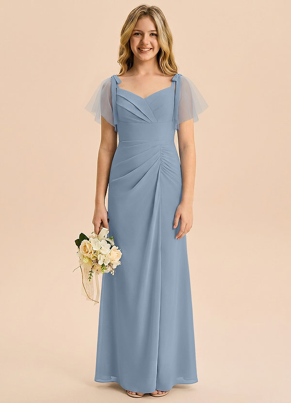 Azazie Indy Junior Dusty Blue Sheath Ruched Chiffon Dress image1