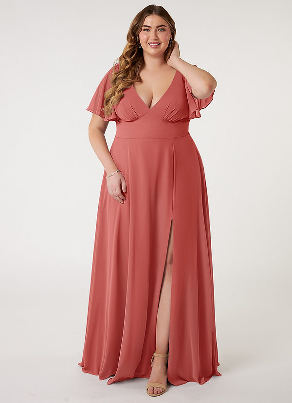 Azazie Kimber Bridesmaid Dresses Antique Rose A-Line Flounce Sleeve Chiffon Dress image1
