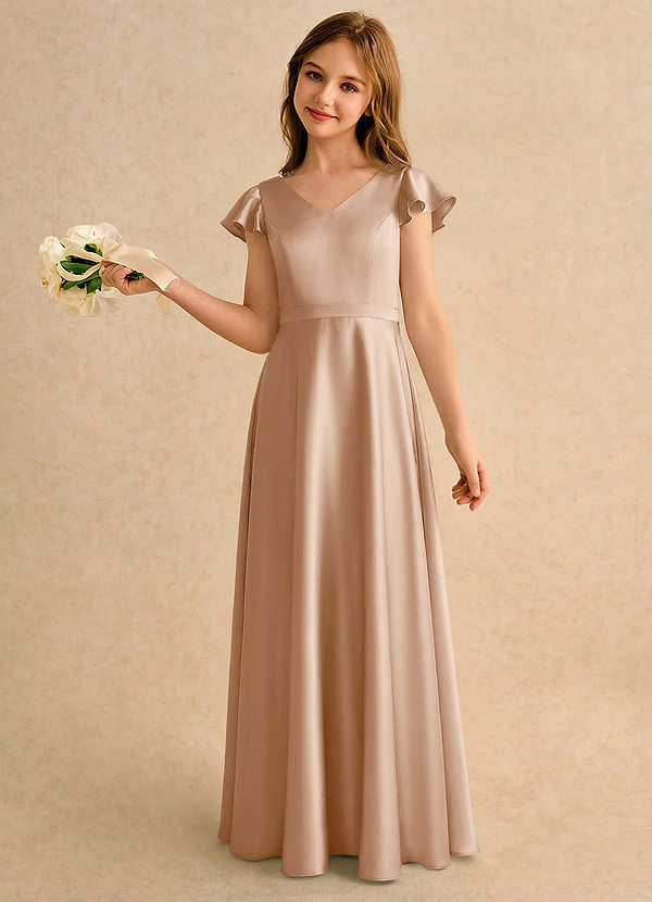 Azazie Nari Girls Formal Sukienki dla dziewczynek sypiących kwiaty Linia A z rękawami Satyna elastyczna Długość podłogi Sukienka image1