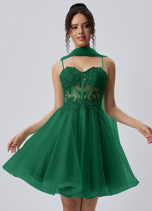 Thalassienne Dark Green Lace Rhinestones Tulle Mini Dress image1