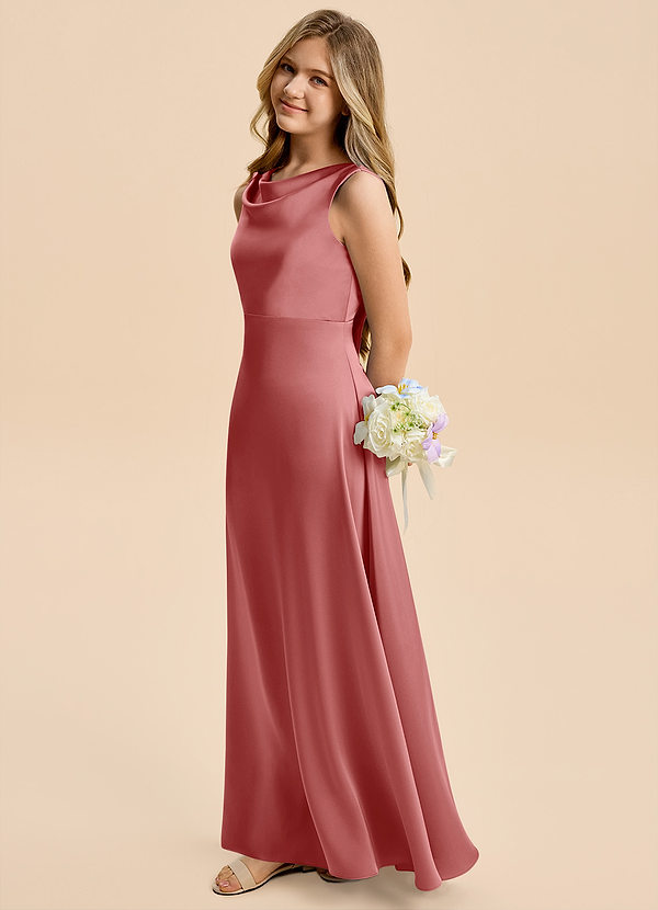Azazie Kiki Junior Robe Trapèze en Satin extensible Arc Antique Rose image1