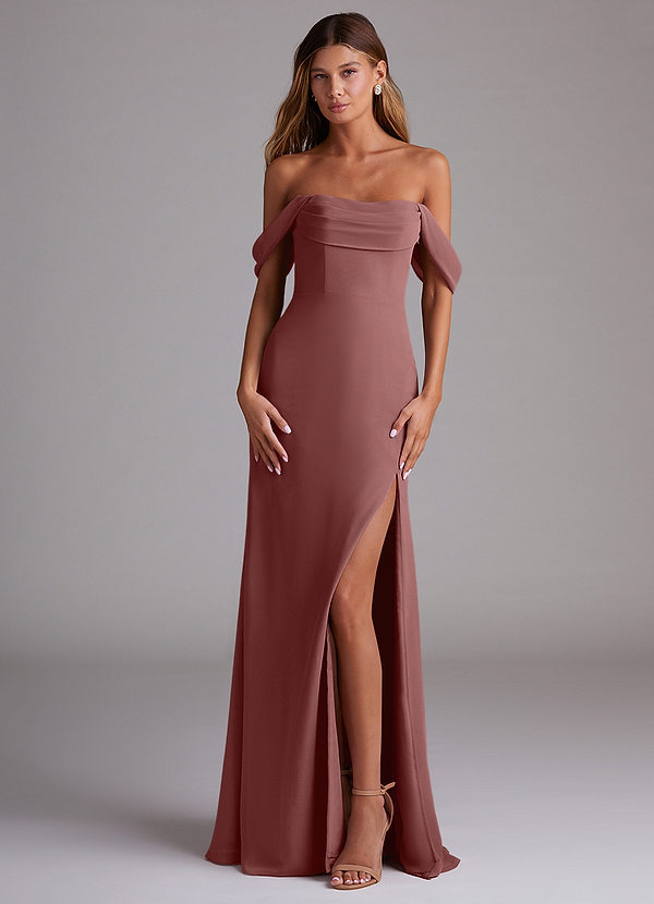 Azazie Saige Bridesmaid Dresses Desert Rose A-Line Off the Shoulder Chiffon Convertible Dress image1