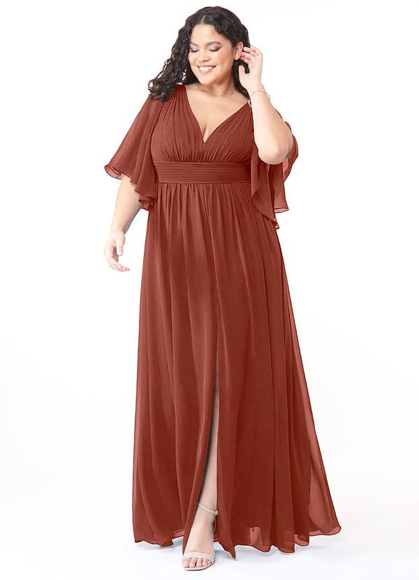 Azazie Temeka Robes Demoiselle d'honneur Robe Trapèze en Mousseline de soie Rayé Auburn image1