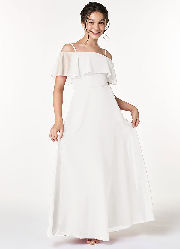 Azazie Maggie Junior White A-Line Off the Shoulder Chiffon Dress image1