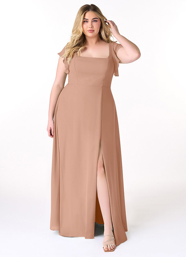 Azazie Bondi Robes Demoiselle d'honneur Robe Trapèze en Mousseline de soie Volant Champagne Rosé image1