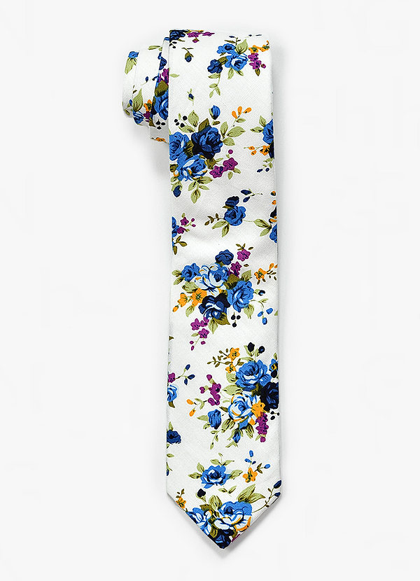 front White and Blue Floral Patterned Tie