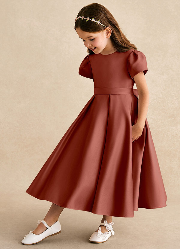 Azazie Princess Flower Girl Dresses Auburn A-Line Pleated Matte Satin Dress image1