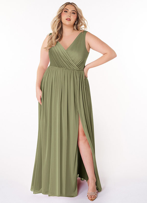 Azazie Tanicia Bridesmaid Dresses Pistachio A-Line V-Neck Pleated Mesh Dress image1