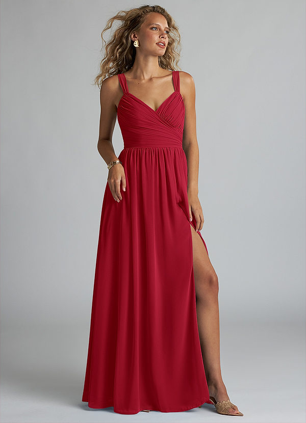 Azazie Aziza Bridesmaid Dresses Scarlet A-Line V-Neck Pleated Chiffon Dress image1