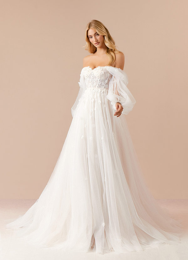 Azazie Airellie Wedding Dresses Diamond White Champagne A-Line Off the Shoulder Tulle Dress image1