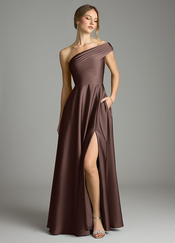 Azazie Melanie Suknie dla druhen Linia A Zza ramienia Satyna elastyczna Do ziemi Sukienka image1