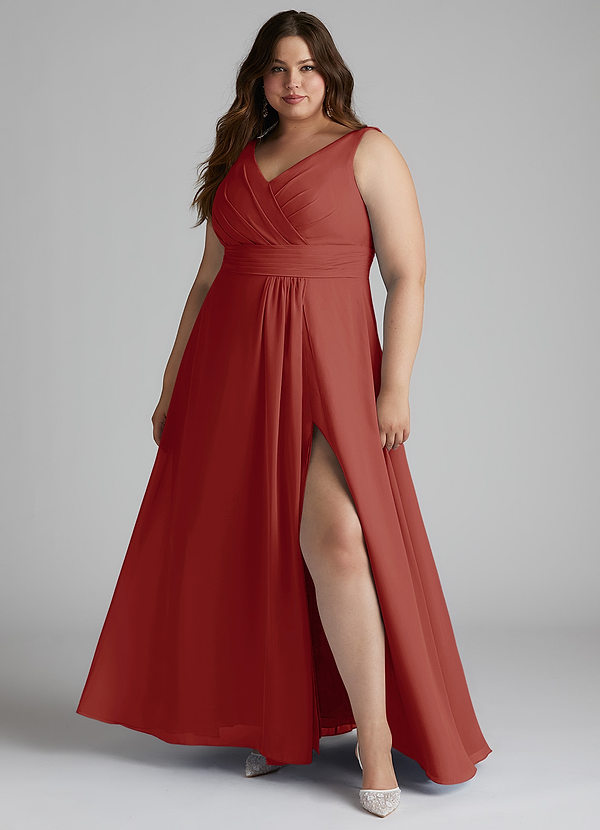 Azazie Karina Robes Demoiselle d'honneur Robe Trapèze en Mousseline de soie Plissée Terracotta image1