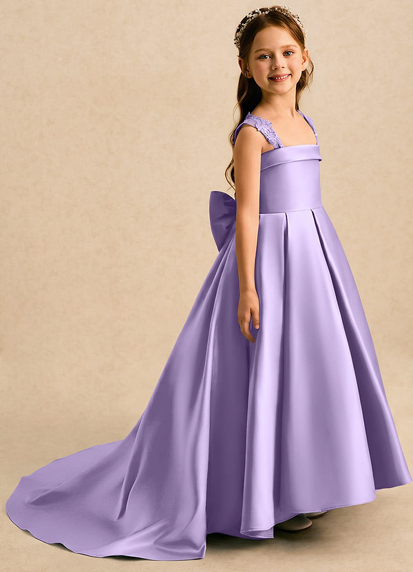 Azazie Genie Flower Girl Dresses Lilac Ball-Gown Off the Shoulder Matte Satin Dress image1