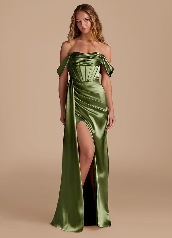 Azazie Amyra Brautjungfernkleider Wandelbar Meerjungfrau-Linie Herzausschnitt Metallischer Satin Kleid Olivgrün image1