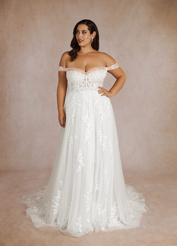 Azazie Wendie Robe de Mariée Robe Trapèze en Tulle Paillettes Blanc De Diamant image1