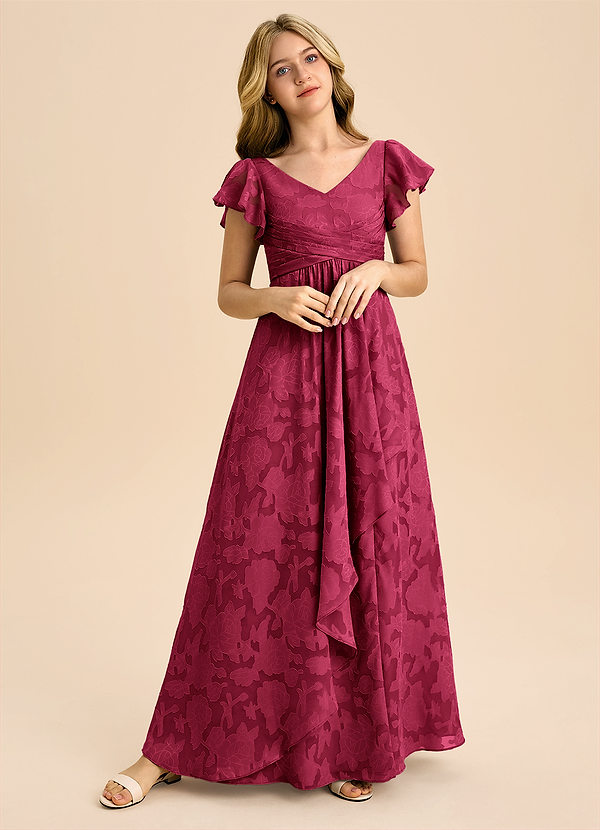 Azazie Omari Junior A-Linie Plissee Blumen-Burnout Kleid Burgunderrot image1