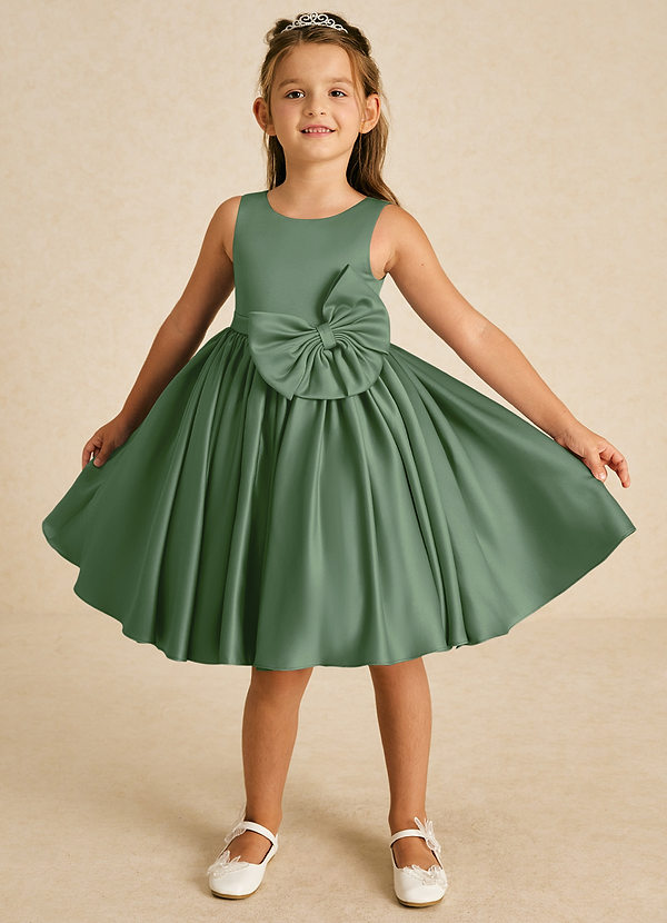 Azazie Apple Flower Girl Dresses Eucalyptus A-Line Bow Matte Satin Dress image1