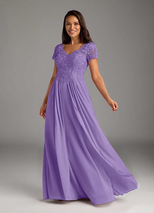 Azazie Dunja Brautmutterkleider A-Linie V-Hals Spitze Chiffon Kleid Tahiti image1