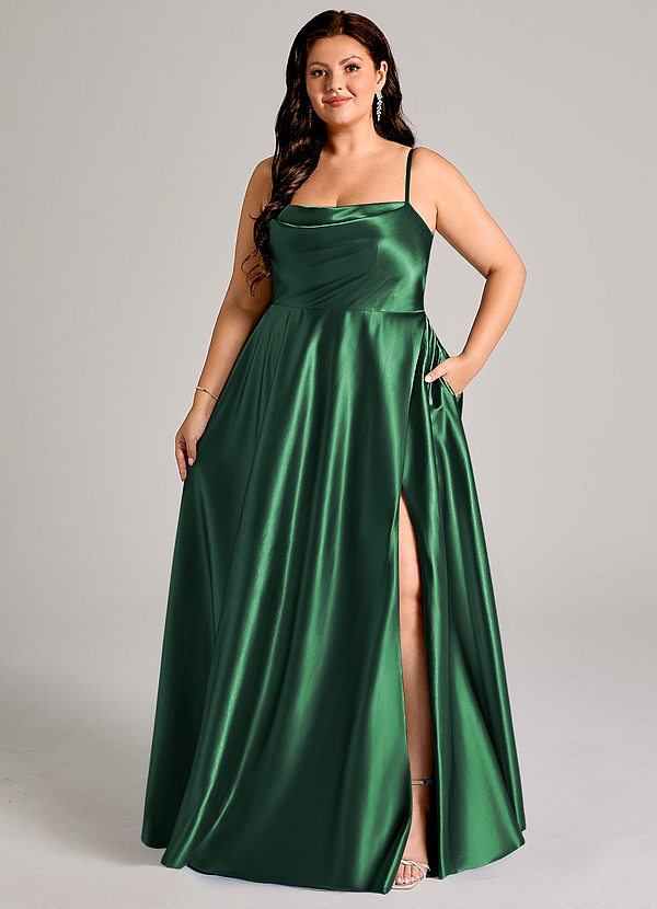 Azazie Elle Bridesmaid Dresses Dark Green A-Line with Pockets Metallic Satin Dress image1