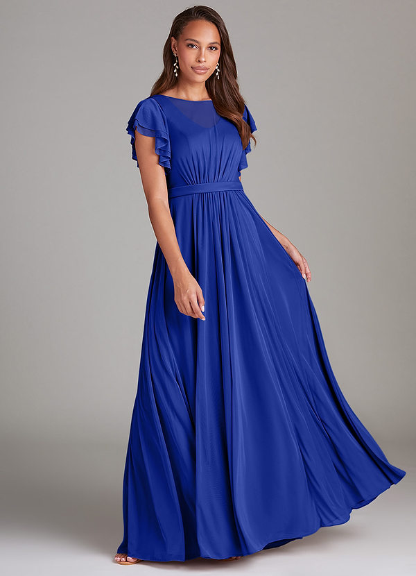 Azazie Daphne Modest Bridesmaid Dresses A-Line Ruched Mesh Floor-Length Dress image1