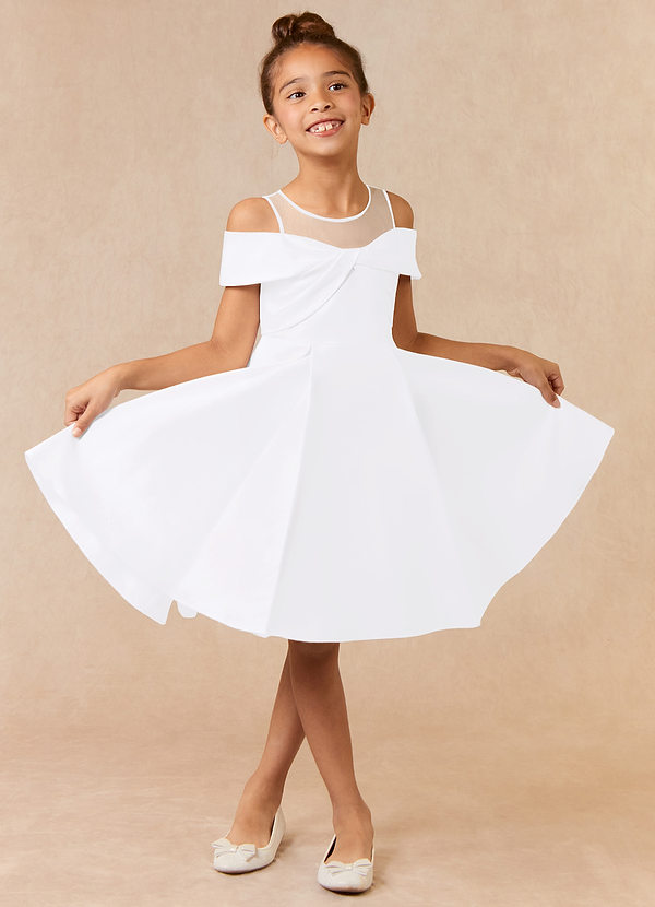 Azazie Shirin Flower Girl Dresses White A-Line Off the Shoulder Matte Satin Dress image1