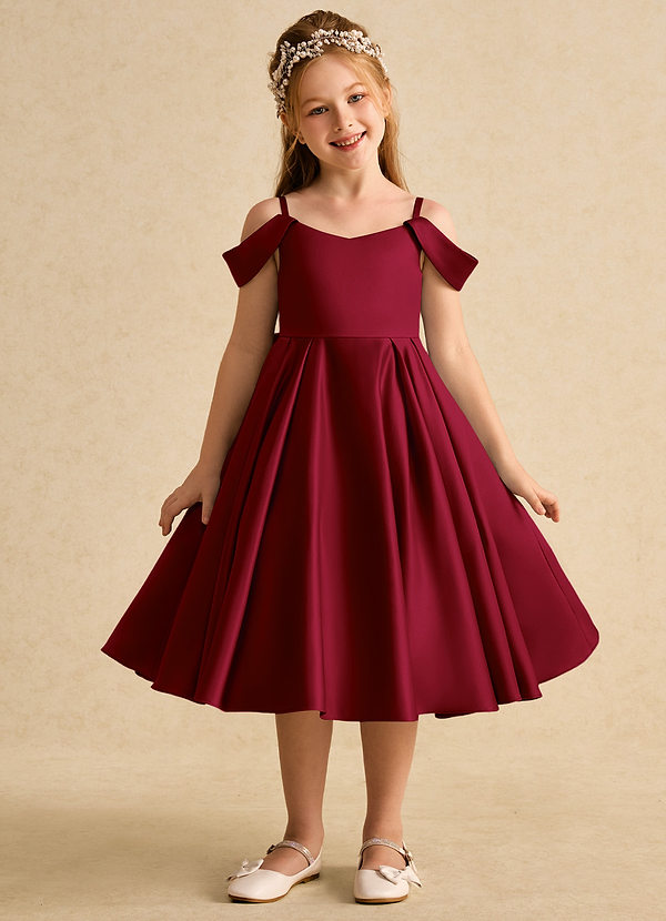 Azazie Favia Robes de Fillette d'Honneur Robe Trapèze en Mat Satiné Épaule décolletée Bourgogne image1