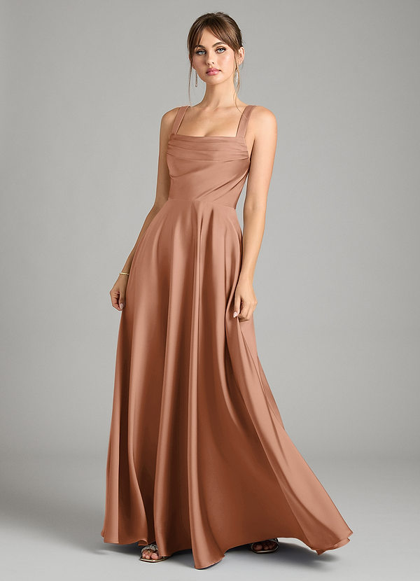 Azazie Shaude Bridesmaid Dresses Bronzer A-Line Pleated Stretch Satin Dress image1