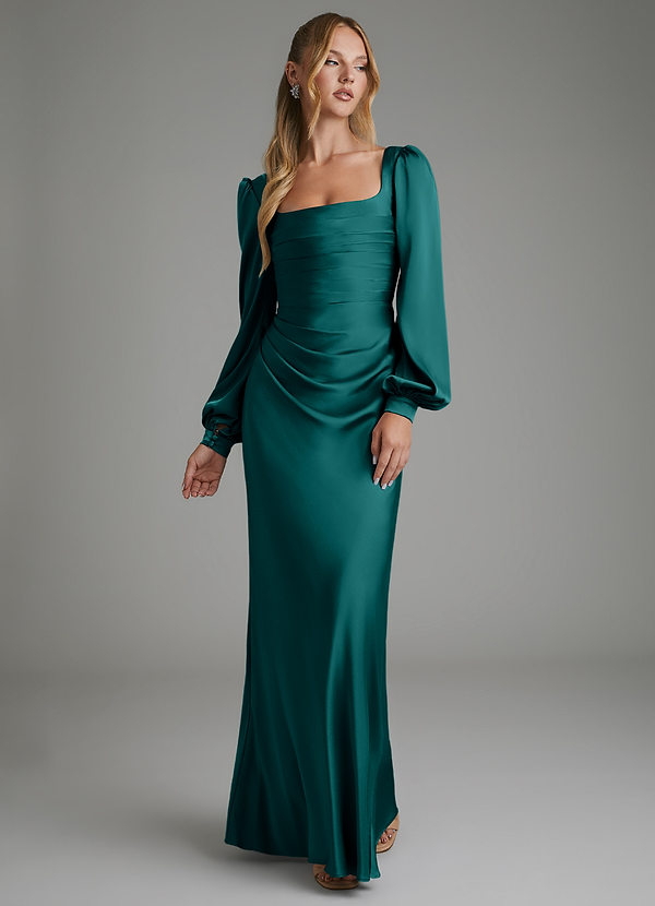 Azazie Brianna Abiti da Damigella Abito Sirena in Raso Elasticizzato Corsetto Verde Pavone image1