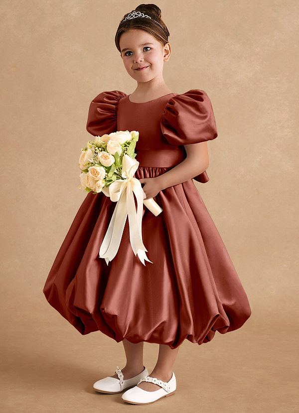 Azazie Jellybean Flower Girl Dresses Auburn Ball-Gown Ruched Matte Satin Dress image1