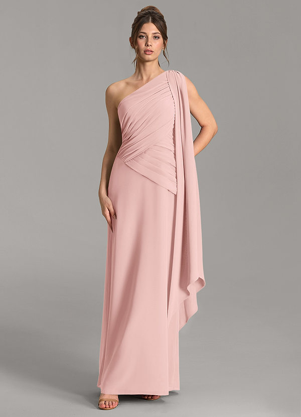 Azazie Ayra Robes de demoiselle d'honneur Robe Trapèze en Mousseline de soie Asymétrique Rose Poudré image1