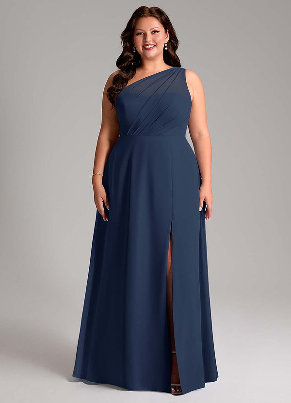 Azazie Phaedra Vestidos Dama de Honor Vestido de Azul Marino Oscuro de Gasa de Corte en A con Hombro unilateral image1