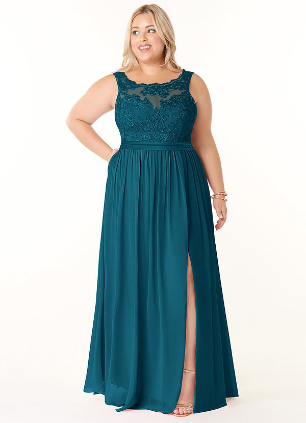 Azazie Elly Brautjungfernkleider A-Linie Rundhalsausschnitt mit Spitze Chiffon Kleid Tintenblau image1