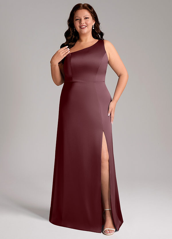Azazie Phaedra Bridesmaid Dresses Sangria A-Line One Shoulder Stretch Satin Dress image1