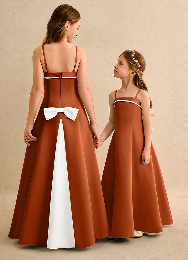 Azazie Izel Girls Formal Vestidos de Niña de Flores Vestido de Marfil Naranja Quemado de Satin Mate de Corte en A con Plisado image1