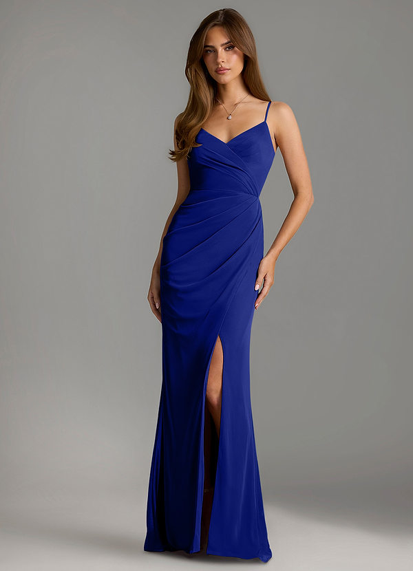 Azazie Maci Bridesmaid Dresses Royal Blue Sheath Pleated Mesh Dress image1