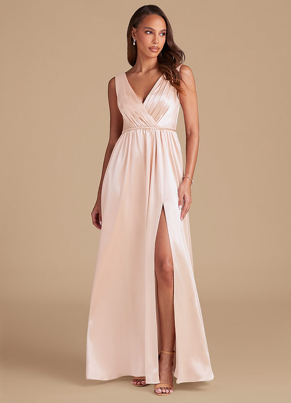 Azazie Tanicia Brautjungfernkleider A-Linie Plissee Metallischer Satin Kleid Roségold image1